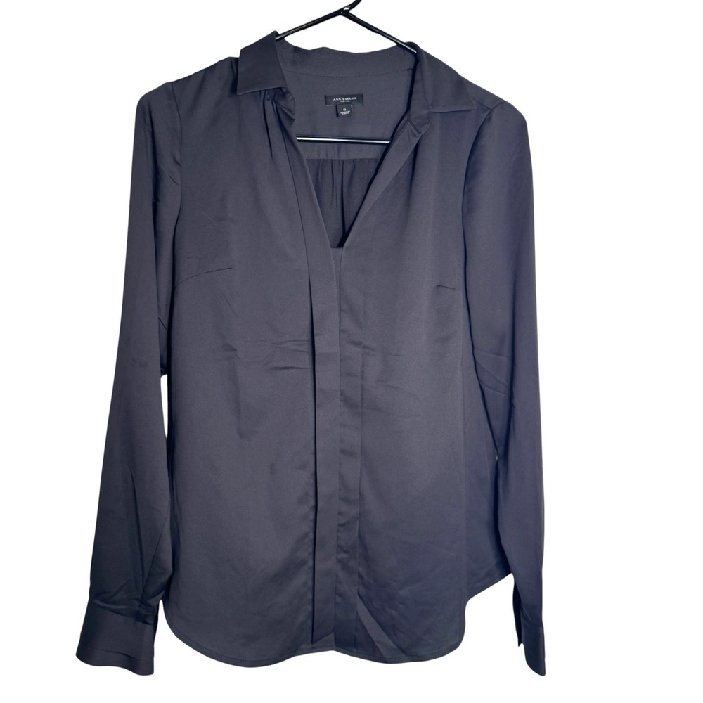Ann Taylor Gray V Neck Blouse Womens 0 Long Sleeve Minimalist Professional Top